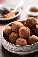 Chocolate truffles coated in cocoa powder. Homemade chocolate candy in bowl