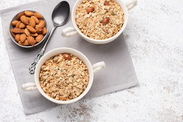 Granola, oatmeal with almond food background