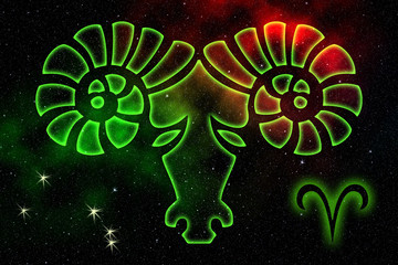 The astrological sign of the zodiac is Aries, against the background of outer space. Illustration.