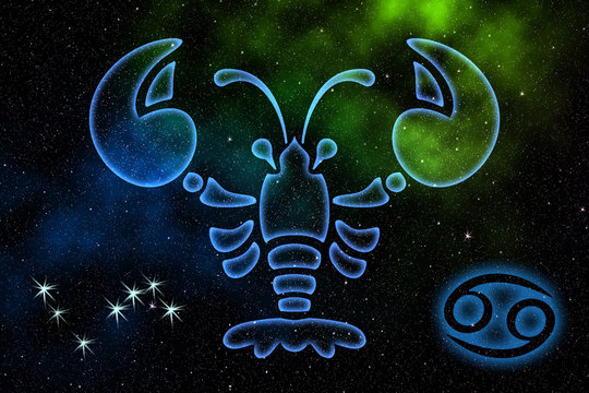 The astrological sign of the zodiac is Cancer, against the background of outer space. Illustration.