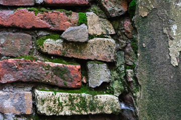 Old wall with cracked stucco and bricks. Stone background.