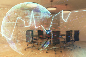 Double exposure of stock market graph with globe hologram on conference room background. Concept of international finance