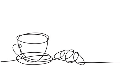 Cup and croissant. Coffee, tea. Vector. Continuous line drawing.