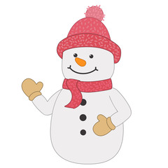 cute cartoon snowman in a red hat waving hand.Christmas drawing vector on a white background isolated