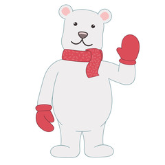 polar bear in a scarf and mittens waving. Christmas illustration