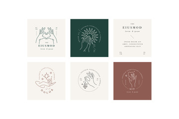 Vector design linear template logos or emblems - hands in in different gestures. Abstract symbol for cosmetics and packaging or beauty products.