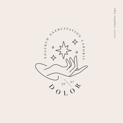 Vector design linear template logo or emblem - hand with star signs. Abstract symbol for cosmetics and packaging or beauty products.