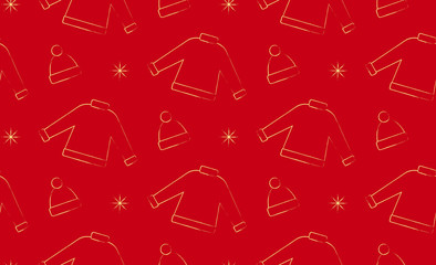 Seamless winter pattern on red background with Golden sweater and hat. Printing on fabric, packaging, wrappers, gift bags.