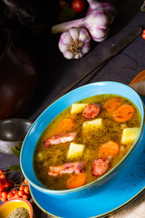 polish pea soup (grochowka) with smoked bacon and sausage