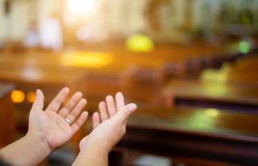 Woman hands are worship christian god while in church. Eucharist Therapy Bless God Helping Repent...