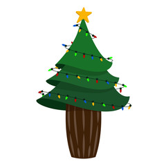 christmas tree decorated with star and garland isolated on white