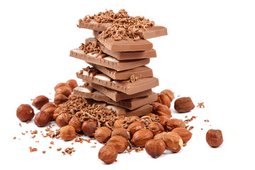 Chocolate tiles and nuts on white background