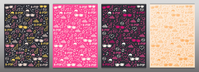 Set of K Pop hand draw doodle backgrounds. Korean music style.