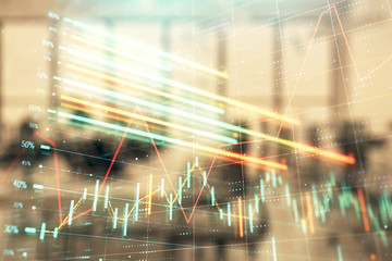 Stock and bond market graph with trading desk bank office interior on background. Multi exposure. Concept of financial analysis