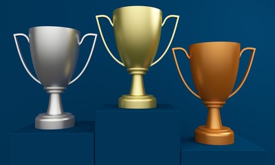 Gold, silver and bronze trophy cup on a blue podium. 3d rendering