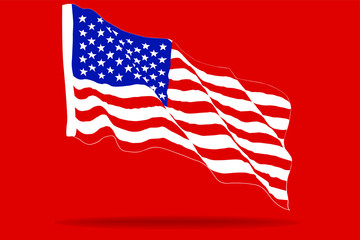 Waving American flag on red background