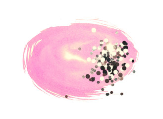 Abstract pink watercolor splash and black and white glitter confetti on white background