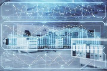 Stock market chart with trading desk bank office interior on background. Double exposure. Concept of financial analysis