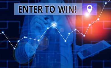 Handwriting text writing Enter To Win. Conceptual photo exchanging something value for prize or chance of winning Woman wear formal work suit present presentation using smart latest device