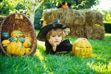 Happy Halloween child in costume to halloween. Beautiful fun day for cute little boy in nature.