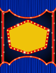 Background with retro banner on blue curtain. Design for presentation, concert, show