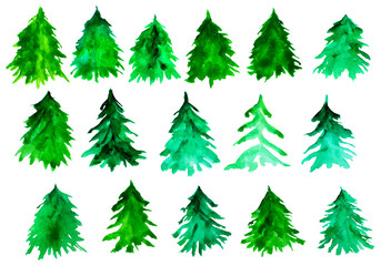 Obraz premium Fir tree silhouettes. Green christmas trees. Watercolor spruces isolated on white background.