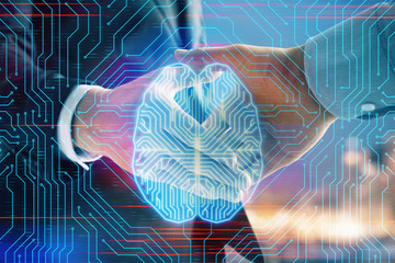 Double exposure of human brain drawing on city view background with handshake. Concept of brainstorm