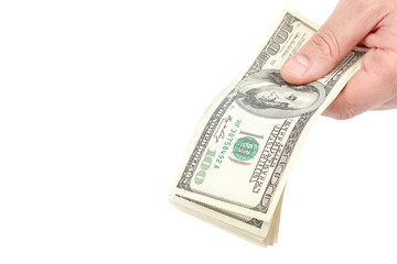 Dollar banknotes in hands isolated on white background