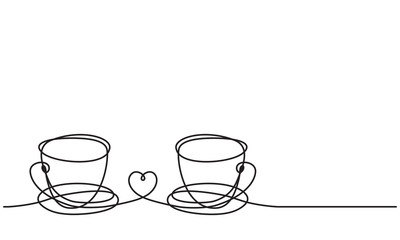 Сups and heart. Drawing by a continuous line. Symmetrical composition.