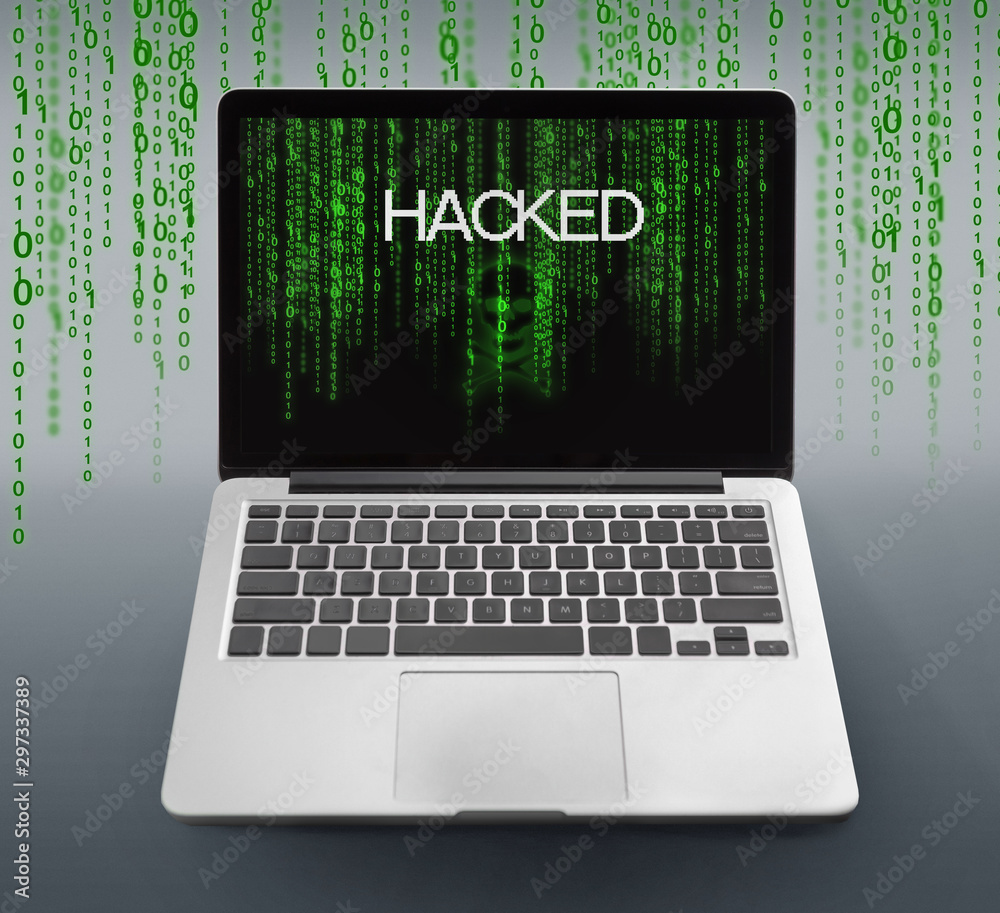 Poster Laptop with hacked message and binary code numbers on screen