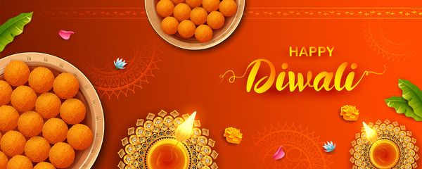 illustration of burning diya with assorted sweet and snack on Happy Diwali Holiday background for light festival of India