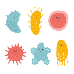 Cartoon kawaii character virus set. Vector illustration flu bacteria and microbe. Cute smile microbiology organism on white background. For design, concept, promotion and children book