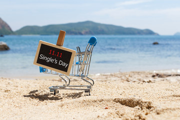 Online shopping of China, 11.11 single's day sale concept. The shopping cart and the text 11.11 single's day sale on the beach.