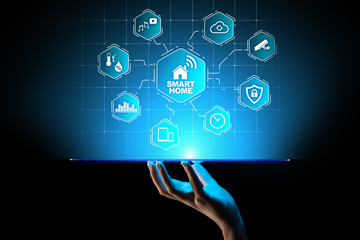 Smart home control panel on virtual screen. IOT and Automation technology concept.