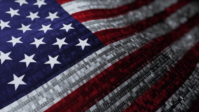 Waving national flag of the United States of America. Woven flag concept animation with digital binary numeric computer code running through the flag. background shot for internet security, activism, 