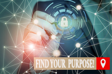 Conceptual hand writing showing Find Your Purpose. Concept meaning reason for something is done or...