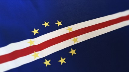locked full-screen close shot of the national flag of Cape Verde waving in the wind. The 3D rendering banner/emblem is made of realistic satin texture and rendered in a daylight situation. 
