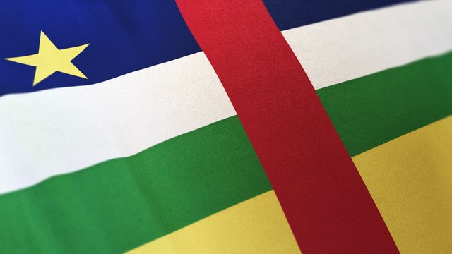 locked full-screen close shot of the national flag of the Central African Republic waving in the wind. The 3D rendering banner/emblem is made of realistic satin texture and rendered in a daylight situ