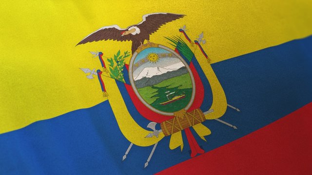 locked full-screen close shot of the national flag of Ecuador waving in the wind. The 3D rendering banner/emblem is made of realistic satin texture and rendered in a daylight situation. 