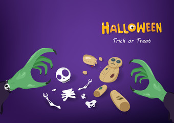 Halloween, trick or treat, hand of witch close up create skeleton and voodoo doll, greeting card, cartoon horror gothic style background vector illustration