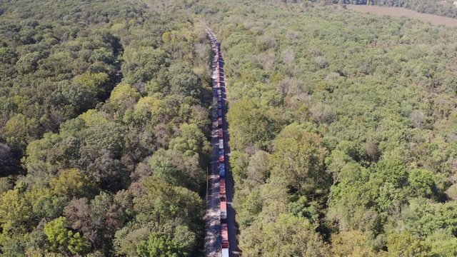 Pull back aerial of train traveling through dense green forest