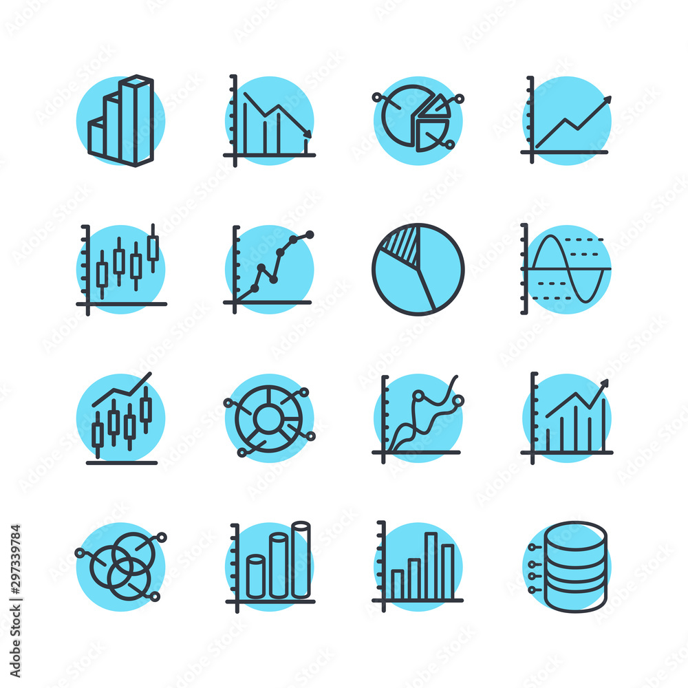 Fototapete set of charts and diagrams icon template color editable. dot plot, 3d chart, trend and more symbol v