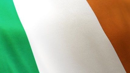 3D rendering of the national flag of Ireland waving in the wind. The banner/emblem is made of realistic satin texture and rendered in a daylight situation. 