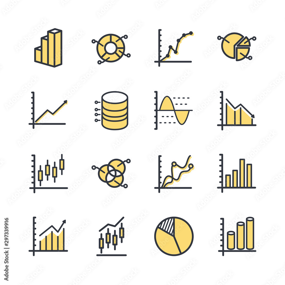 Aufkleber Set of Charts and Diagrams icon template color editable. Dot Plot, 3D Chart, Trend and more symbol vector sign isolated on white background vector illustration for graphic and web design.