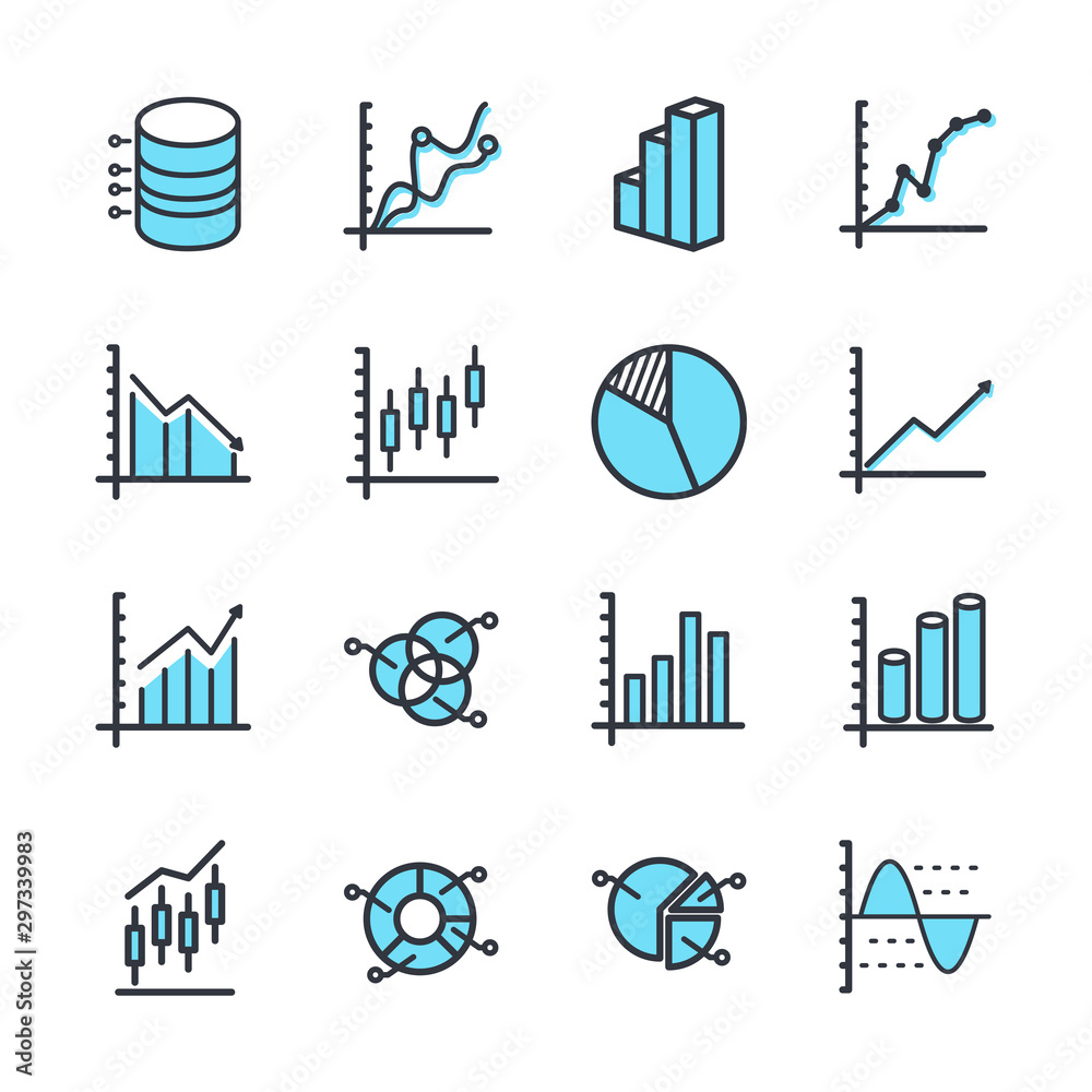 Fototapete Set of Charts and Diagrams icon template color editable. Dot Plot, 3D Chart, Trend and more symbol vector sign isolated on white background vector illustration for graphic and web design.
