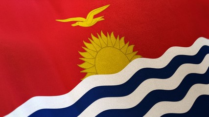 locked full-screen close shot of the national flag of Kiribati waving in the wind. The 3D rendering banner/emblem is made of realistic satin texture and rendered in a daylight situation. 