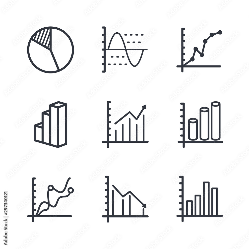 Poster Set of Charts and Diagrams icon template color editable. Dot Plot, 3D Chart, Trend and more symbol vector sign isolated on white background vector illustration for graphic and web design.