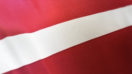 3D rendering of the national flag of Latvia waving in the wind. The banner/emblem is made of realistic satin texture and rendered in a daylight situation. 