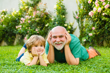 Happy family Grandson hugs his grandpa on holiday. Grandfather and grandson Playing - Family Time Together. Happy family father and child on meadow with a kite in the summer on green grass.