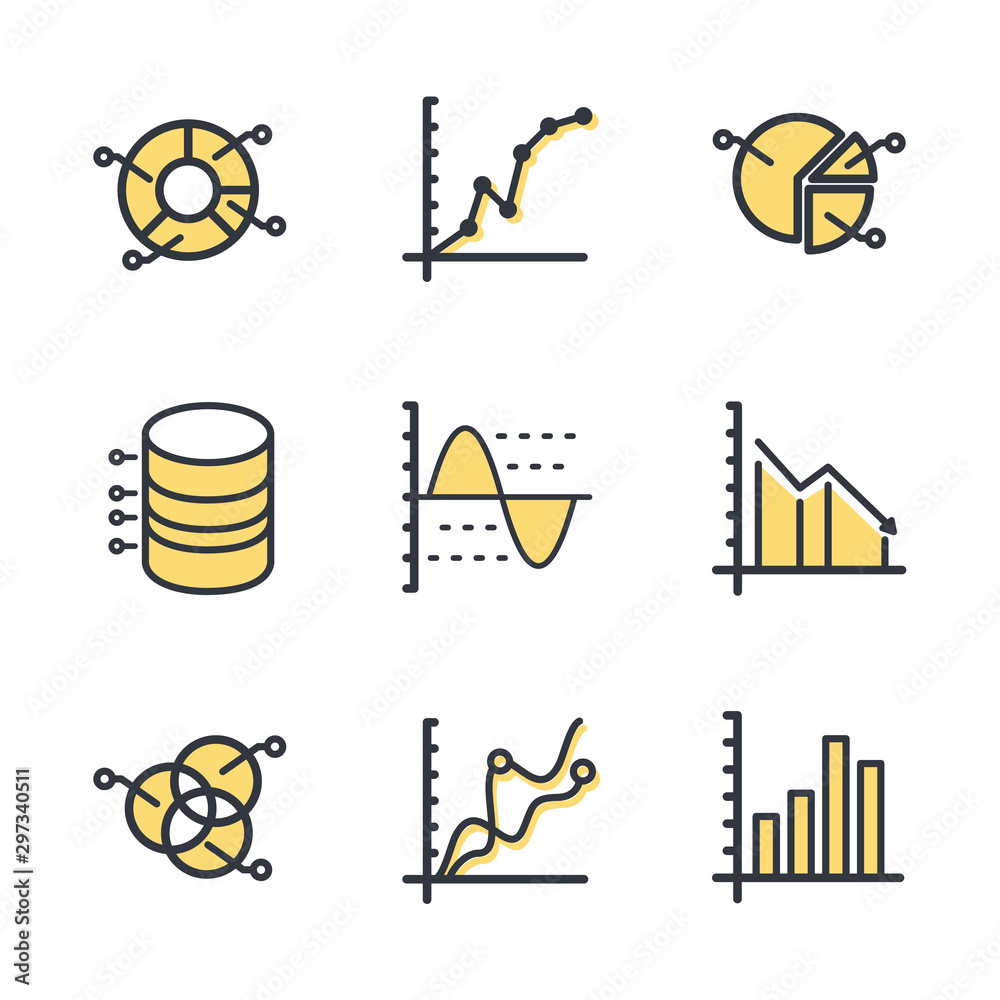 Poster Set of Charts and Diagrams icon template color editable. Dot Plot, 3D Chart, Trend and more symbol vector sign isolated on white background vector illustration for graphic and web design.